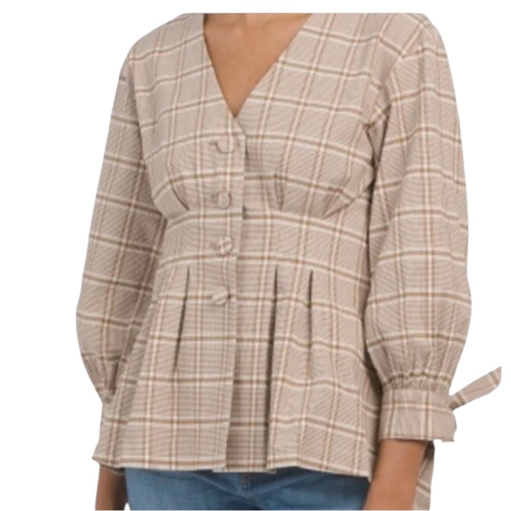 Lela Rose Pearl Tan/White Plaid Seersucker V-Neck Pleated Blouse XS